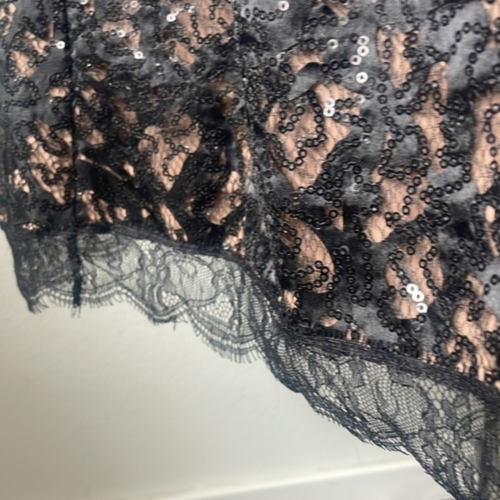 Eliza J Dress Black lace nude colored size 8 sequined balletcore fit and flare - Picture 2 of 12